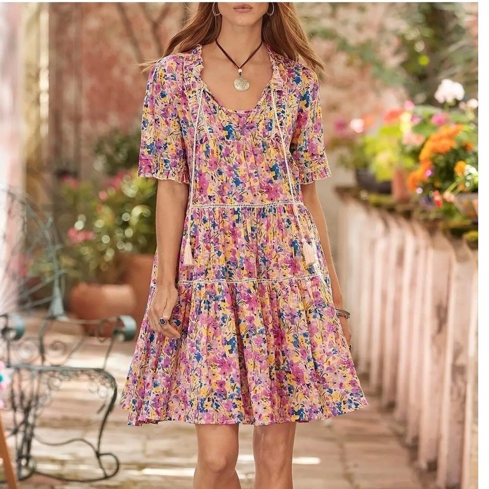 SUNDANCE Watercolor Floral Tiered Boho Mini Dress Cotton Tassel Cottagecore